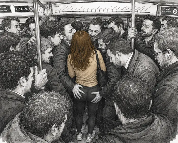 En un atestado vagón de tren muchos hombres tocando a una única mujer